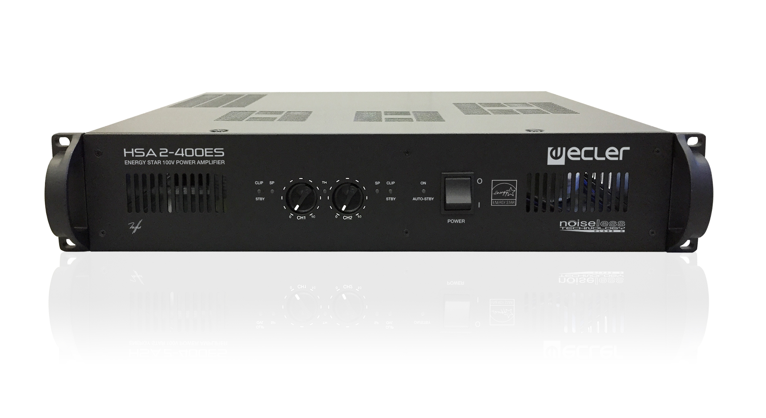 Ecler-HSA2-400ES-100V-high-impedance-Energy-Star-profesional-power-amplifier-front-2019